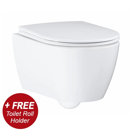 Grohe Essence Rimless Wall Hung Toilet with Soft Close Seat + FREE TOILET ROLL HOLDER