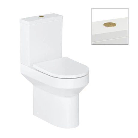Britton Shoreditch Round Close Coupled Rimless Toilet with Brushed Brass Flush Button + Soft Close Seat