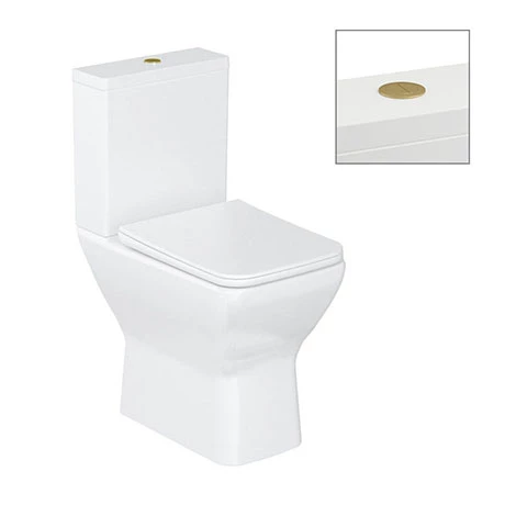 Britton Shoreditch Square Close Coupled Rimless Toilet with Brushed Brass Flush Button + Soft Close Seat